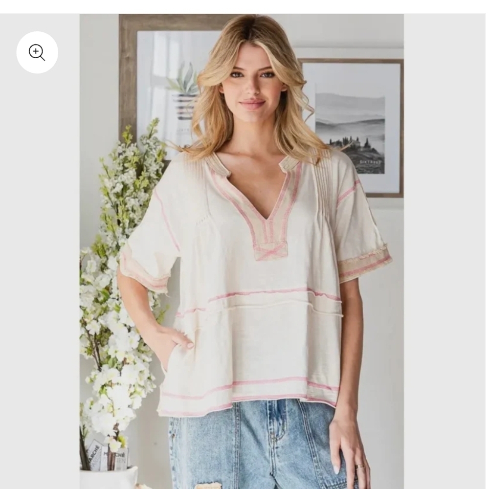 NEW!!! Oli & Hali Cream Blouse with Pink Trim,Sz Medium